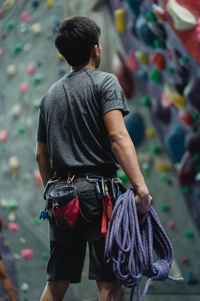 Back view of a climber with gear, ready for an indoor climbing session.
